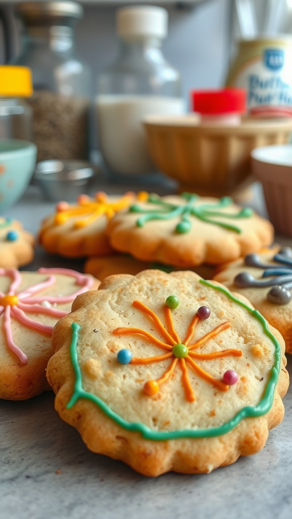 A decorated cookie with colorful icing on a rustic wooden table.